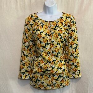 D-31 Talbots Yellow‎ Black & Green Floral Pleated Detail 1/2 Sleeve Blouse Sz 10